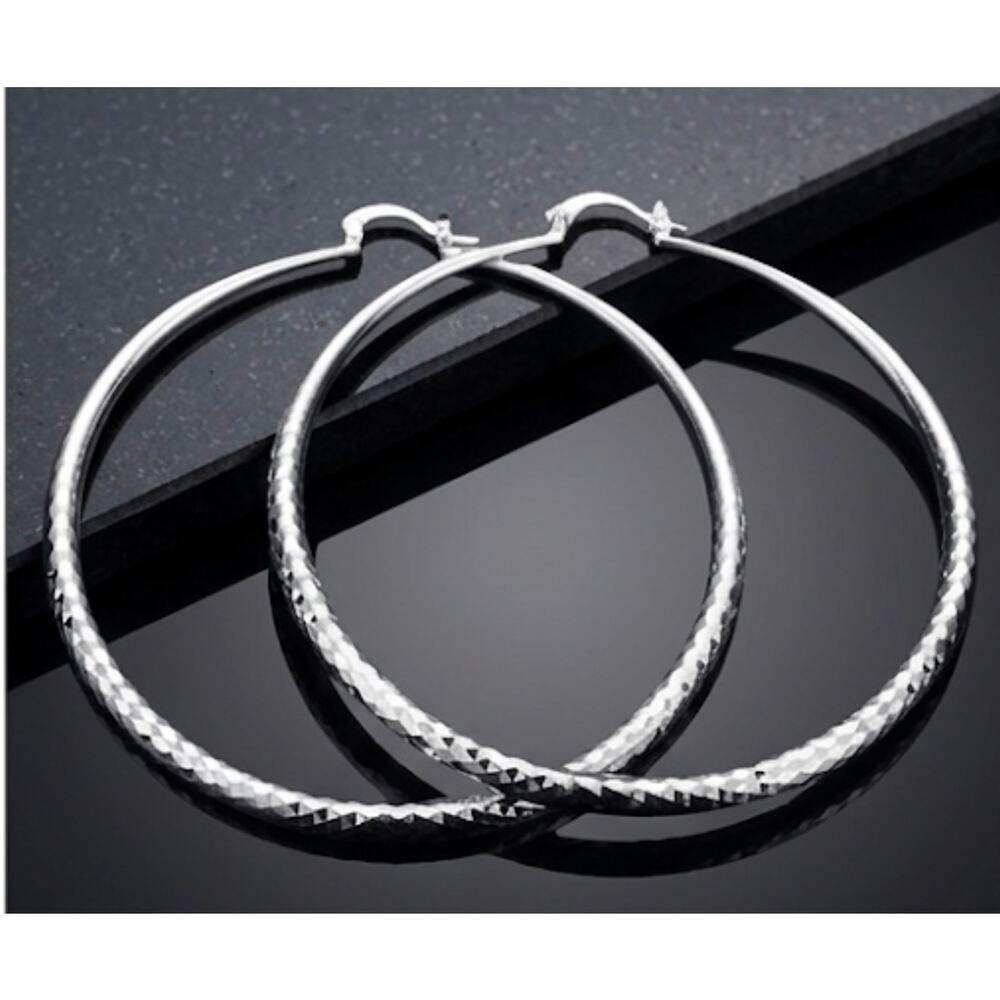 70CM 925 Stamp Silver Color Deep Faceted Diamond Cut Hoop Earrings - Picture 3 of 5